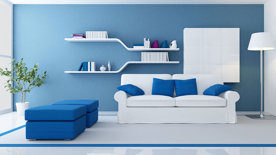 Mẫu nhà sơn màu xanh dương phối hợp với nội thất trắng