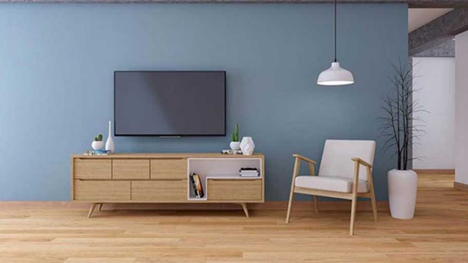 Gợi ý xu hướng phối màu gạch nền với màu tường đẹp - độc đáo Phối màu giữa tường nhà xanh sẫm và gạch giả gỗ