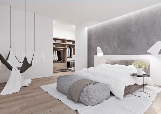 Sơn giả bê tông là gì? Hướng dẫn thi công, Địa chỉ liên hệ và Báo giá Phòng ngủ phối màu trắng và ghi hiện đại