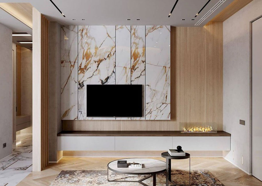 Phòng khách ốp gỗ kết hợp với đá cẩm thạch