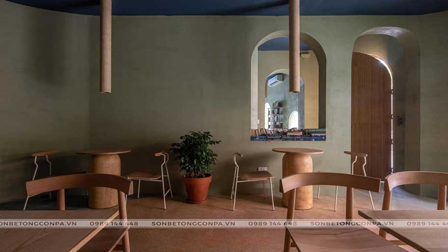 Xu hướng thi công sơn cát mỹ thuật cho quán cafe Sơn cát nghệ thuật mã màu xanh tự nhiên hài hòa với không gian tại Tree Coffee