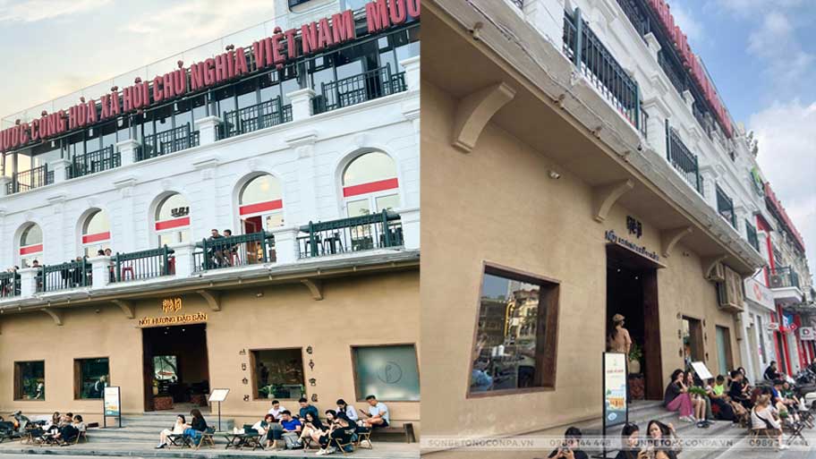 Xu hướng thi công sơn cát mỹ thuật cho quán cafe Vẻ bên ngoài của Phê La Hồ Gươm khi sử dụng sơn cát