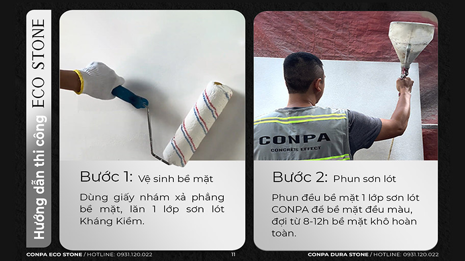 Sơn đá hạt tự nhiên là gì? Quy trình thi công và bảng giá chi tiết Lăn và phun lớp sơn lót Conpa để chuẩn bị bề mặt sơn đá hạt Eco