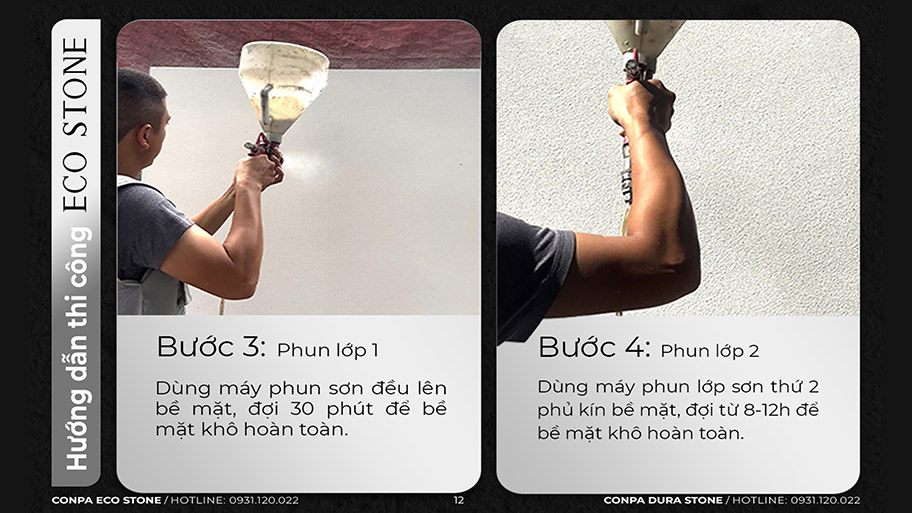 Sơn đá hạt tự nhiên là gì? Quy trình thi công và bảng giá chi tiết Giai đoạn phun 2 lớp sơn đá