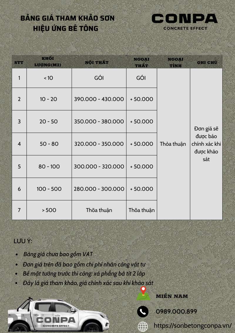 Sơn giả bê tông là gì? Hướng dẫn thi công, Địa chỉ liên hệ và Báo giá Báo giá thi công sơn beton trọn gói miền Nam