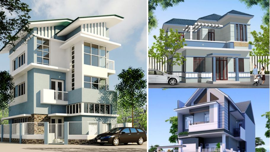 Nhà mặt tiền phối màu xanh ghi nhẹ nhàng