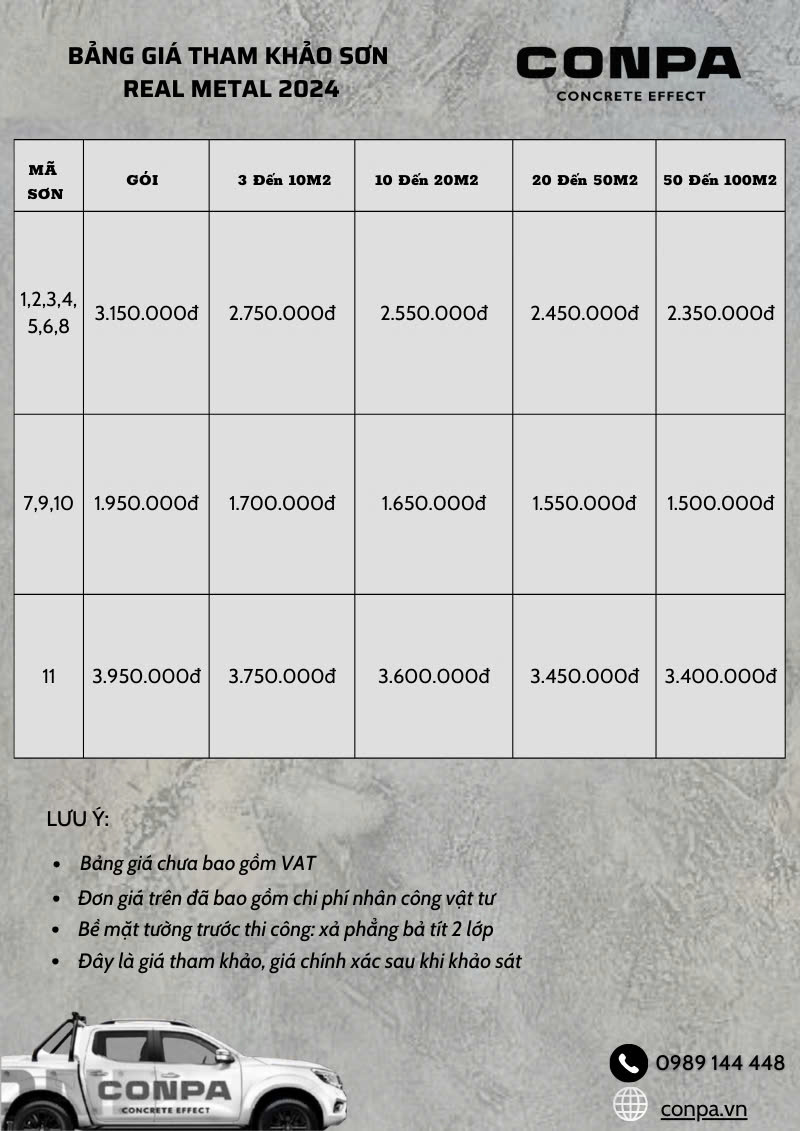 Bảng báo giá sơn kim loại thật 2024