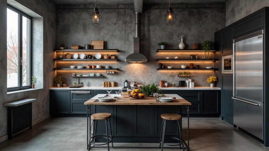 Phòng bếp phong cách công nghiệp kết hợp với sơn Marble Effect