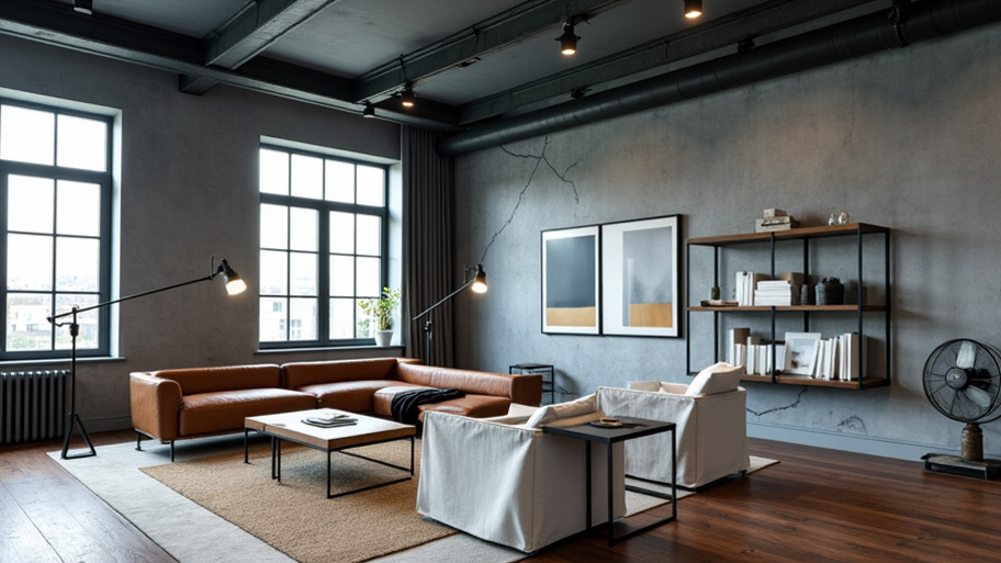 Phòng khách phong cách công nghiệp kết hợp sơn Marble Effect