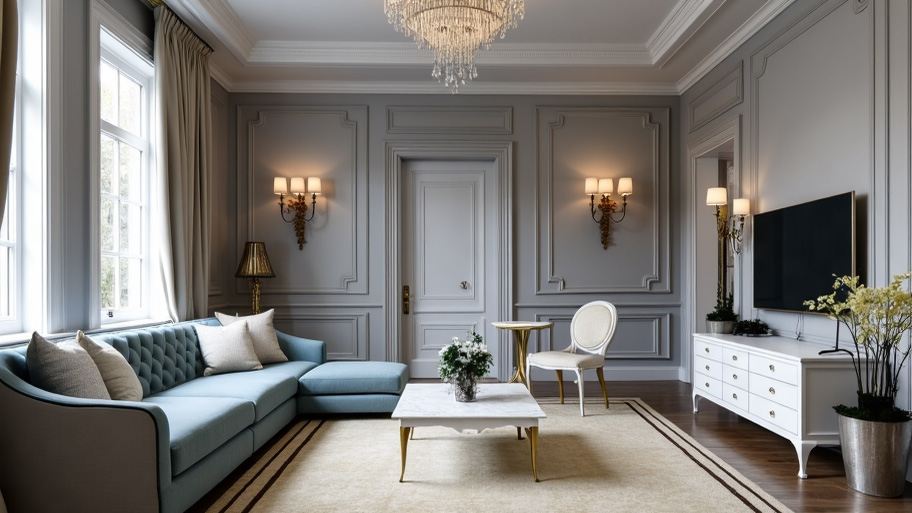 Phòng khách phong cách tân cổ điển kết hợp sơn hiệu ứng Marble