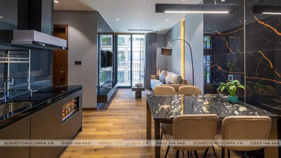 Ứng dụng sơn hiệu ứng Marble Effect trong thiết kế nội thất 2025 Sử dụng sơn Marble Effect cho phòng bếp