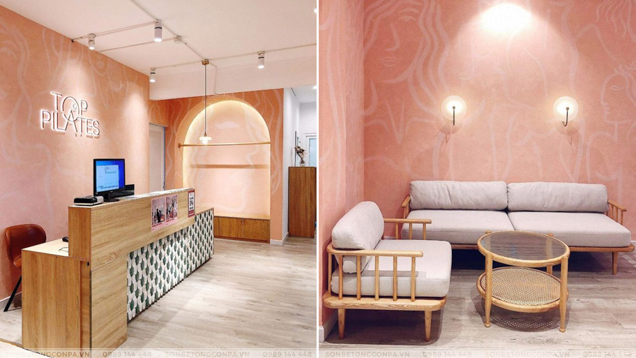 Gợi ý màu sơn giả bê tông cho spa – Sang trọng, tinh tế, thư giãn Spa Top Pillates sử dụng sơn bê tông màu cam hồng
