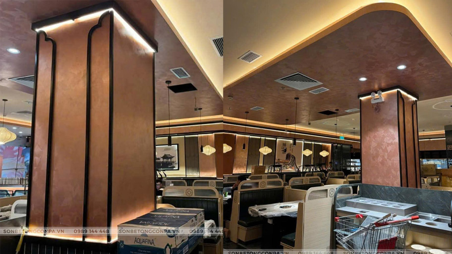 Mẫu công trình ứng dụng sơn hiệu ứng kim loại cho ngành dịch vụ F&B Nhà hàng sử dụng sơn hiệu ứng kim loại cho trụ cột
