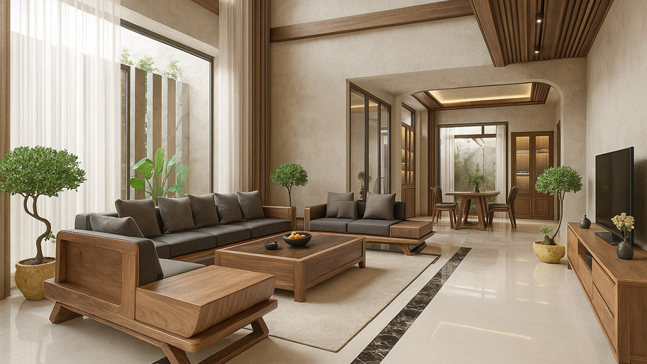 Sơn rơm đất cho biệt thự: Bí quyết tạo không gian ấm cúng, sang chảnh Phòng khách của biệt thự sử dụng sơn rơm đất