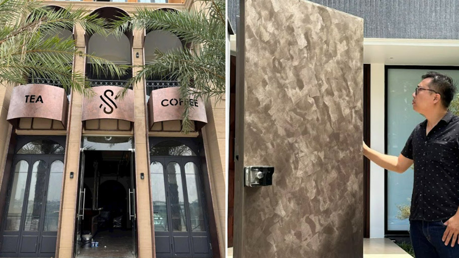 Mẫu công trình ứng dụng sơn hiệu ứng kim loại cho ngoại thất Quán cà phê sử dụng sơn hiệu ứng kim loại trước mặt tiền