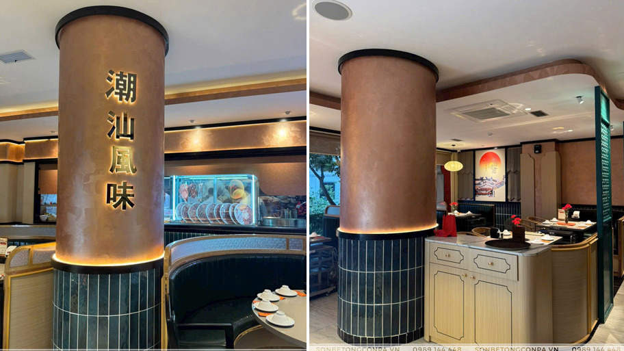 Mẫu công trình ứng dụng sơn hiệu ứng kim loại cho ngành dịch vụ F&B Trụ cột trong nhà hàng sử dụng sơn hiệu ứng kim loại