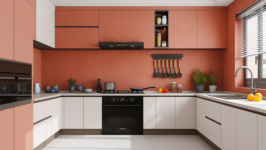 Phòng bếp dùng sơn cát màu đỏ hợp mệnh Hỏa