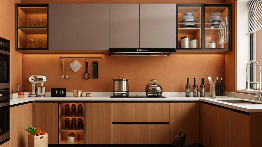 Phòng bếp dùng sơn cát màu hợp mệnh Thổ