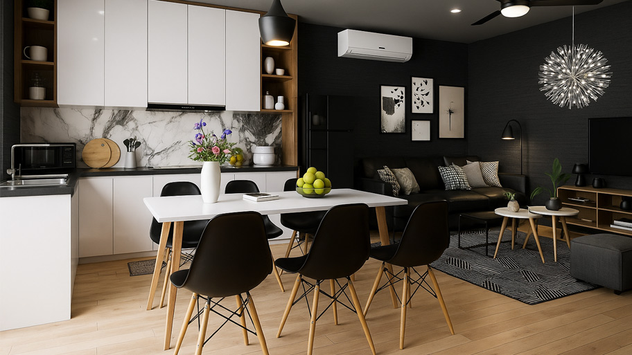 Phòng bếp liền phòng khách dùng sơn cát màu đen