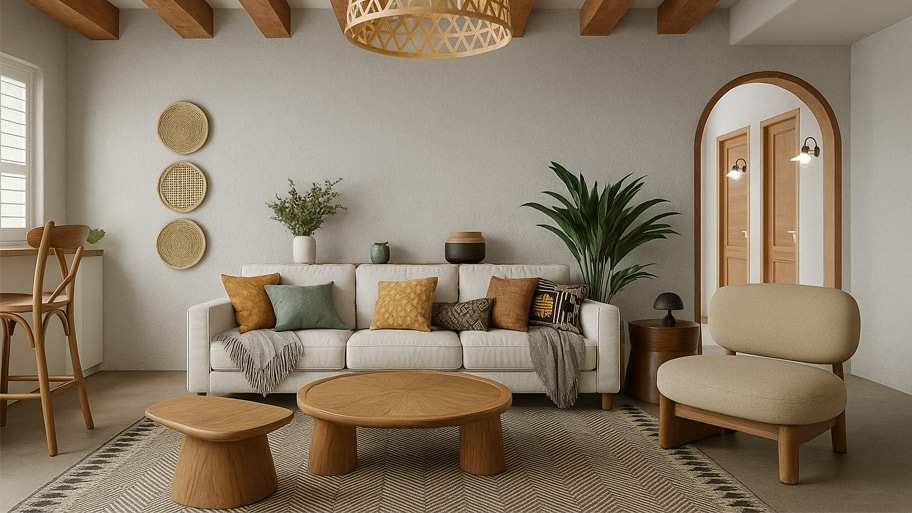 Phòng khách của homestay phong cách Bắc Âu sử dụng sơn cát