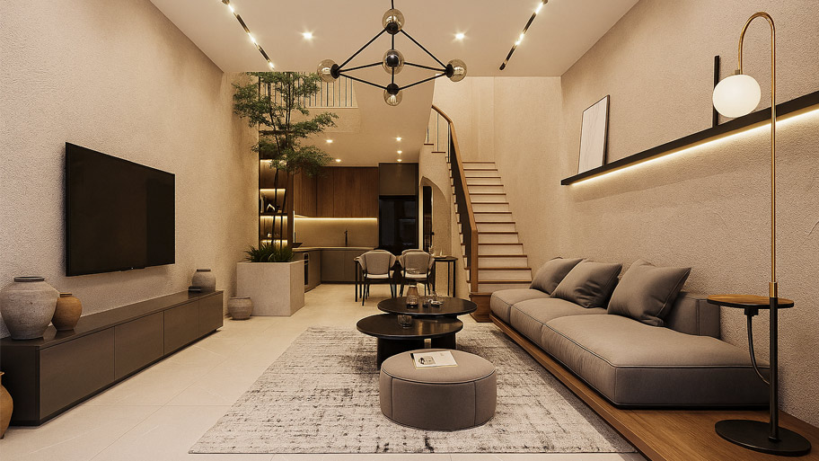 Phòng khách dùng sơn cát màu hợp mệnh Thổ