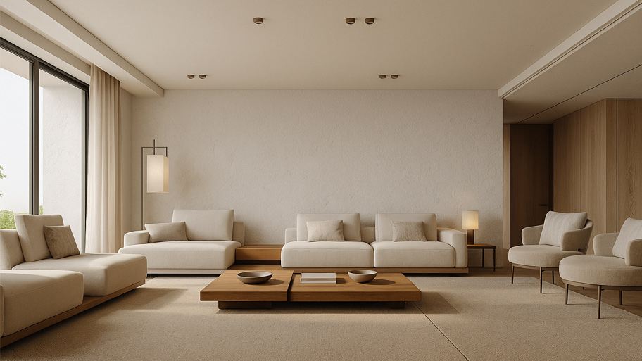 Phòng khách hiện đại ứng dụng màu sơn cát hợp mệnh Kim