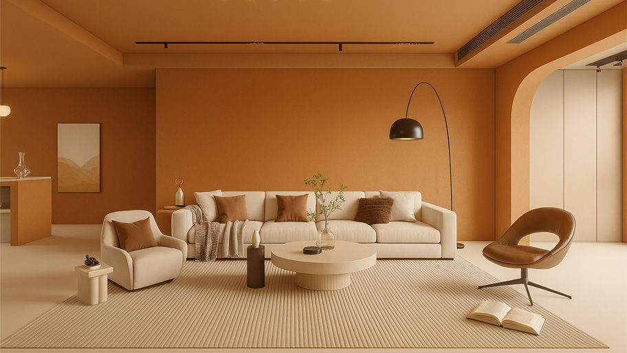 Phòng khách mộc mạc dùng màu sơn cát hợp mệnh Thổ