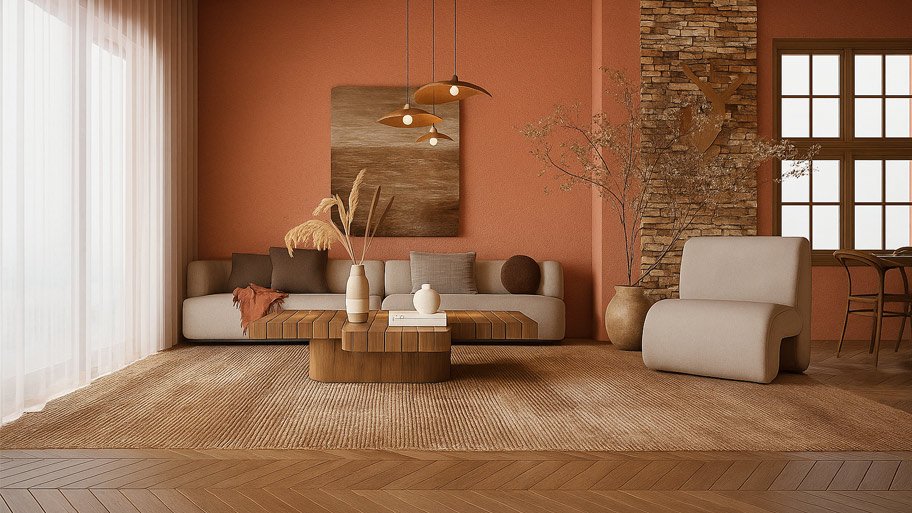 Phòng khách mộc mạc sử dụng sơn cát hợp mệnh Hỏa