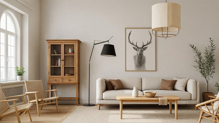 Phòng khách mộc mạc sử dụng sơn màu trắng