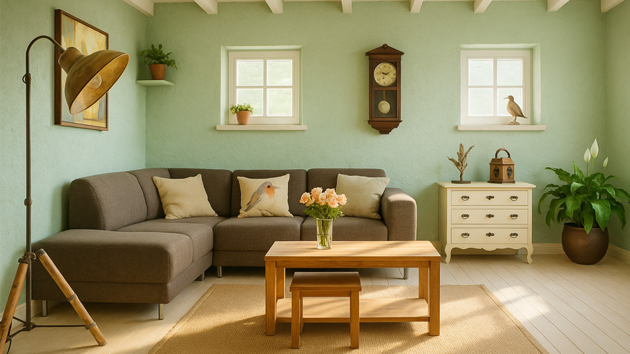 Phòng khách phong cách Rustic dùng màu sơn cát hợp mệnh Mộc