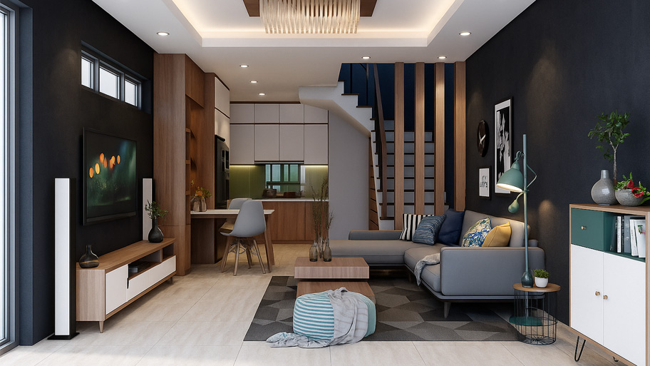 Phòng khách sử dụng sơn cát màu đen