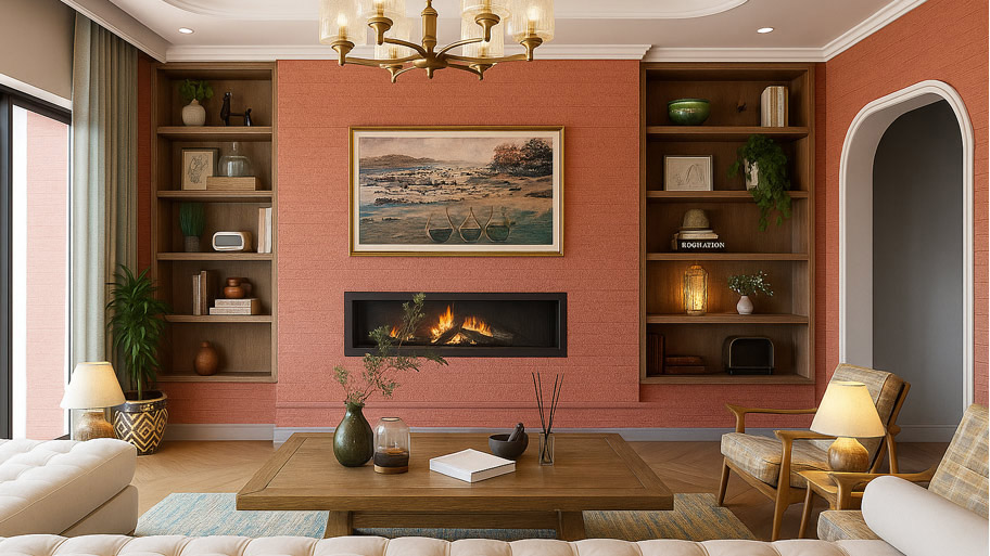 Phòng khách sử dụng sơn cát màu đỏ gạch nhạt