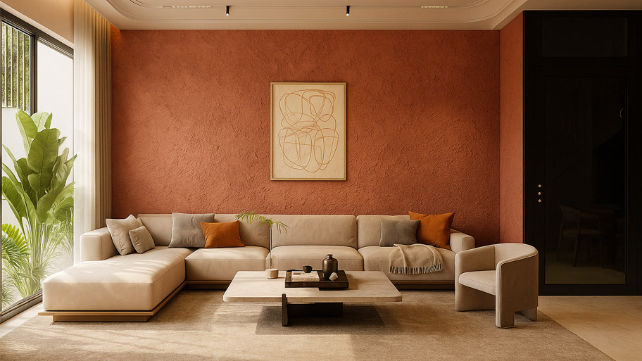 Phòng khách sử dụng sơn cát màu đỏ gạch nung