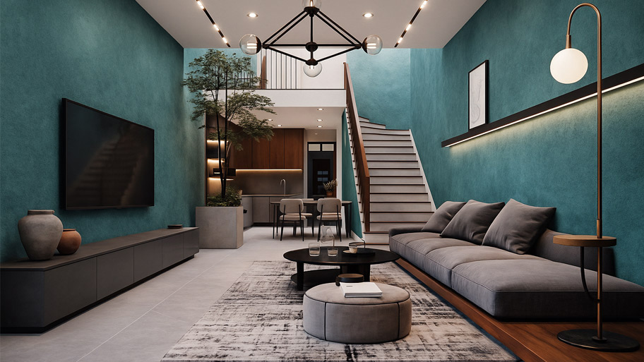 Phòng khách sử dụng sơn cát màu xanh đậm