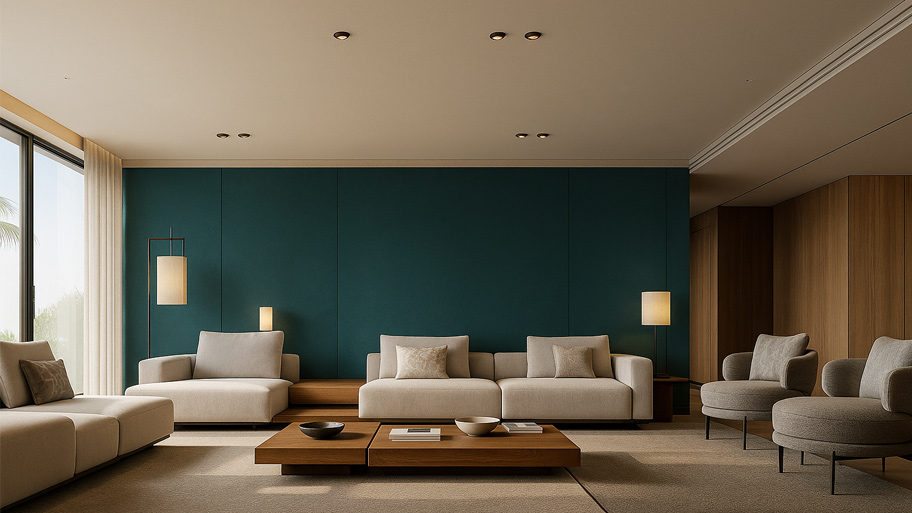 Phòng khách sử dụng sơn cát màu xanh hợp mệnh Thủy