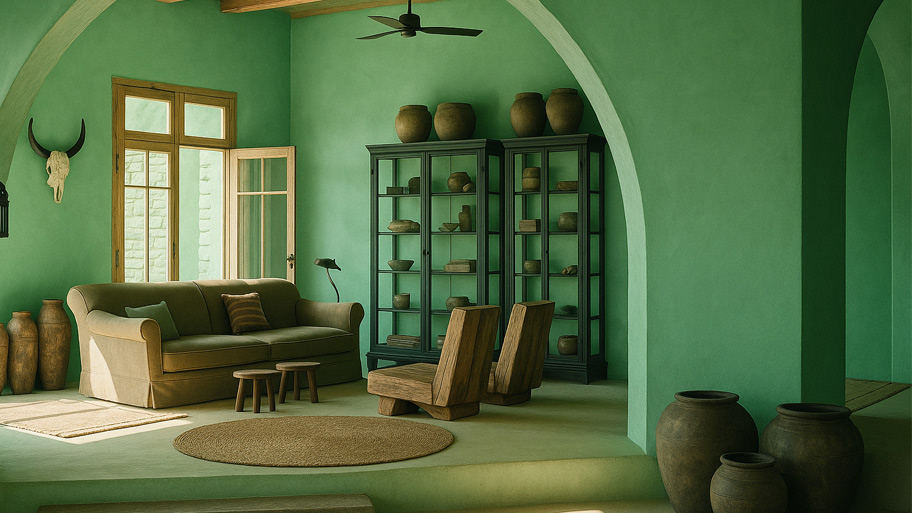 Phòng khách sử dụng sơn cát màu xanh lá