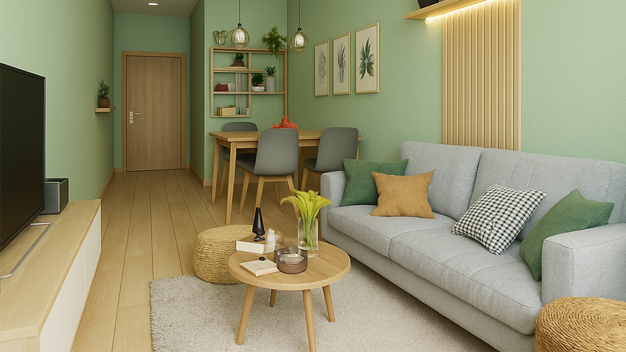 Phòng khách sử dụng sơn cát màu xanh lục