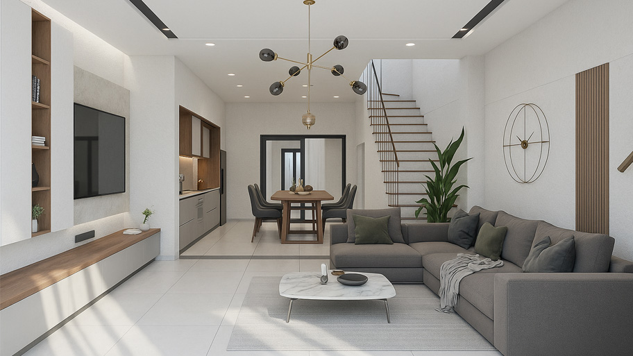 Phòng khách ứng dụng sơn cát màu trắng ngà