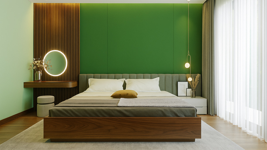 Phòng ngủ dùng màu sơn cát tương sinh mệnh Hỏa