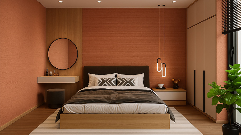 Phòng ngủ sử dụng sơn cát màu đỏ