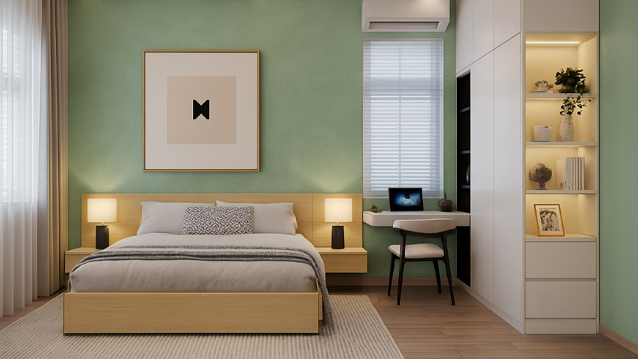 Phòng ngủ sử dụng sơn cát màu xanh lá nhạt
