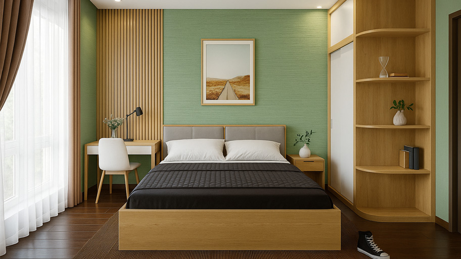 Phòng ngủ sử dụng sơn cát màu xanh lá