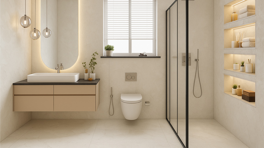 Phòng tắm dùng sơn cát màu trắng sáng độc đáo