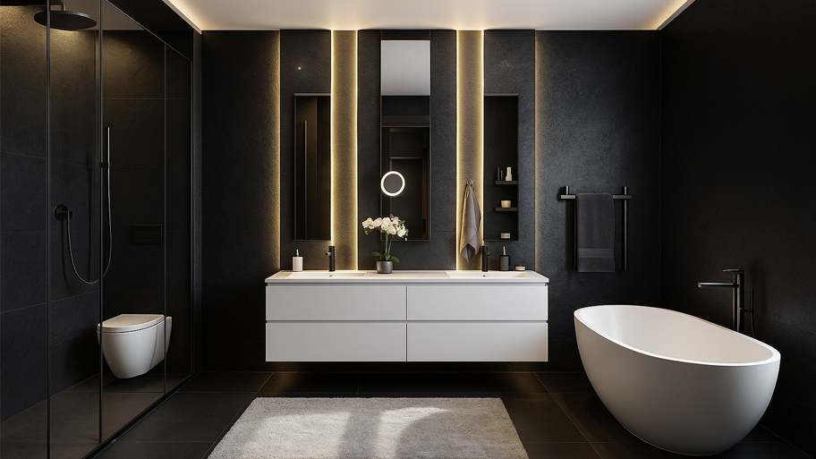 Phòng tắm sử dụng sơn cát màu đen khói