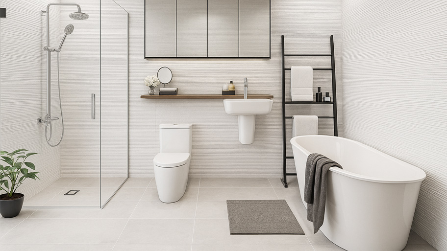 Phòng tắm sử dụng sơn cát màu trắng kem