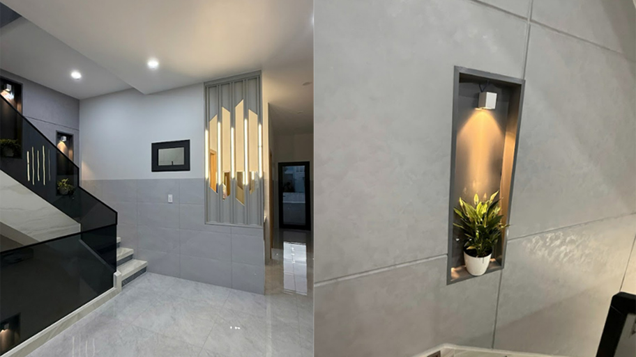 Xu hướng thiết kế bằng hiệu ứng kẻ roan 2025: Đẹp, hiện đại, chuẩn studio Sử dụng sơn bê tông kết hợp kẻ roan âm tường trong phòng khách