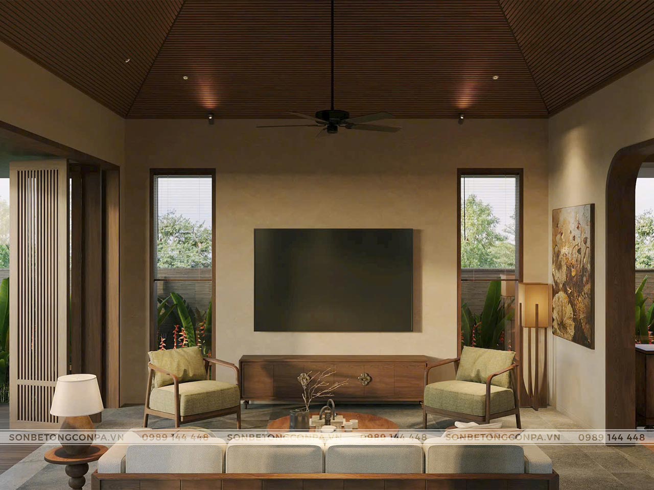 Góc nhìn phòng khách villa Giáng Hương với ánh sáng tự nhiên và thiết kế tối giản