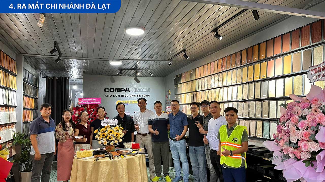 TỔNG HỢP CÁC HOẠT ĐỘNG CONPA VIỆT NAM 2025 Không gian showroom Conpa Đắk Lắk trưng bày bảng màu sơn hiệu ứng bê tông và vật liệu mẫu