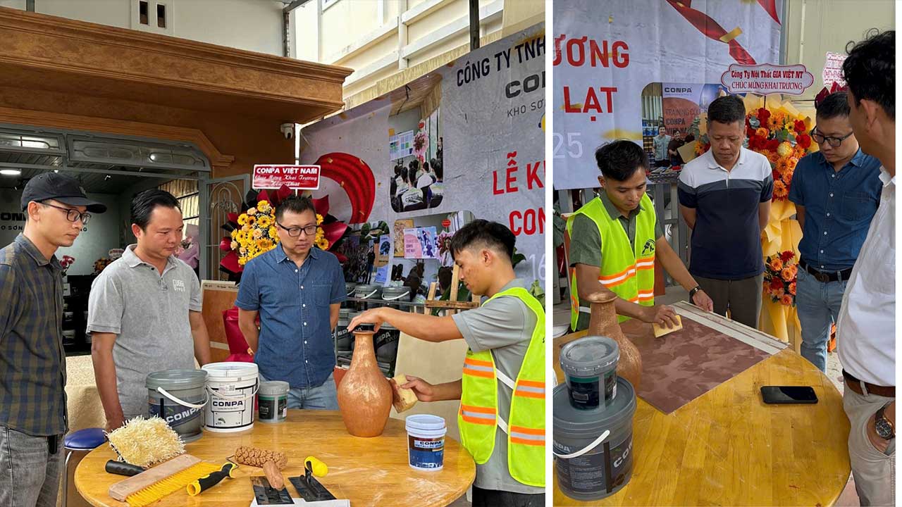 TỔNG HỢP CÁC HOẠT ĐỘNG CONPA VIỆT NAM 2025 Khu trưng bày bảng màu và vật liệu sơn hiệu ứng bê tông Conpa tại showroom Đà Lạt