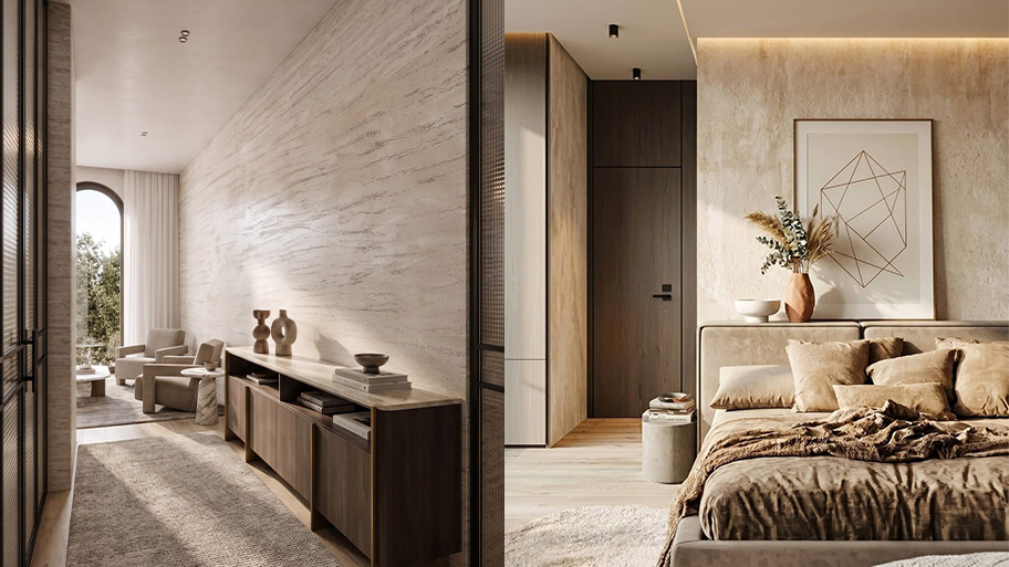 Phòng ngủ sử dụng sơn travertine màu be vàng